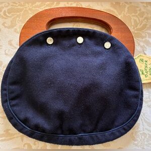 Banner House Bermuda Bag Purse Blue Cover Blue Piping Wood Handles Vintage New